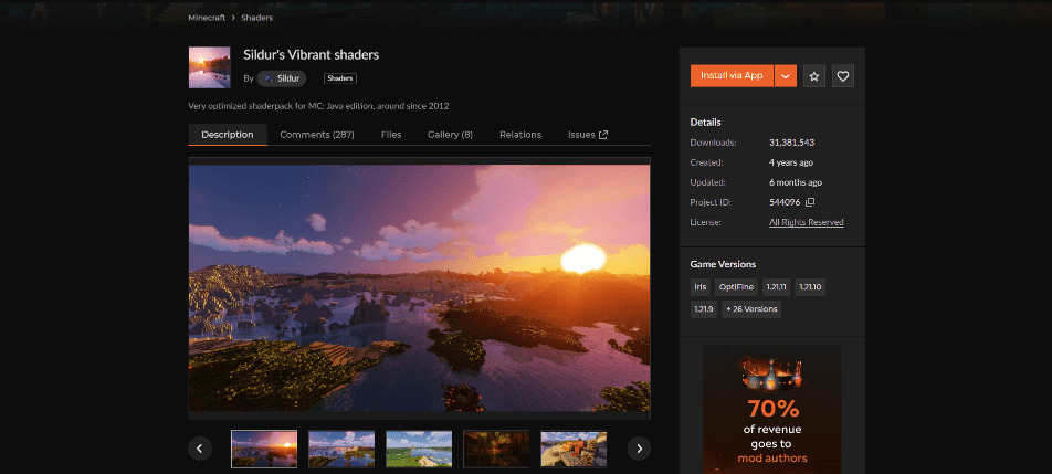 CurseForgeのダウンロードページ